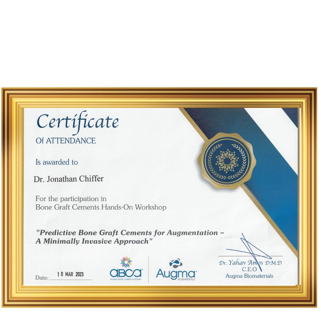 certificate Augma - תעודת השתתפות השתלמות מעשית בהשתלת עצם